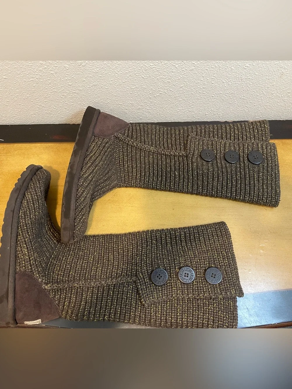 UGG W Purl Cardy Knit Boots Charcoal Grey Gold Metallic Sz 9